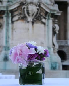 Purple and white cocktail decoration in glass cube