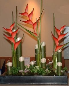 Red heliconia flowers with bamboo on office table